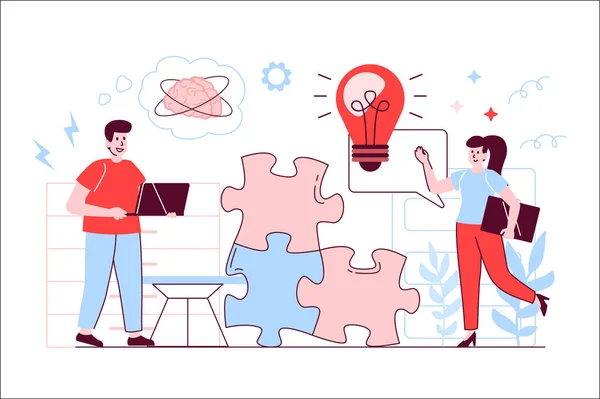 Creative agency concept in flat line design. Man and woman generate new ideas, business brainstorming and creative solution, teamwork on project. Vector illustration with outline people scene for web — Vetor de Stock