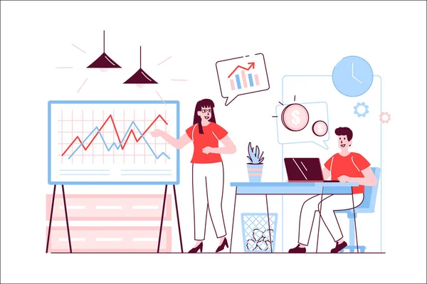 Business meeting concept in flat line design. Man and woman discussing company performance at conference, coaching at professional training. Vector illustration with outline people scene for web — 스톡 벡터