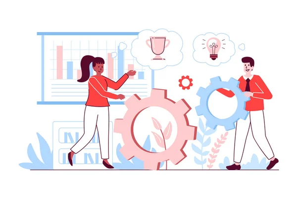 Teamwork concept in flat line design. Man and woman colleagues working together, generate success ideas, improve business and achieve goals. Vector illustration with outline people scene for web — стоковый вектор