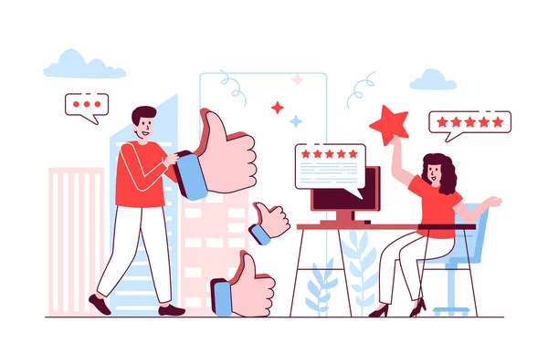 Best feedback concept in flat line design. Man and woman giving consumer feedbacks, living customer reviews at websites, satisfaction level. Vector illustration with outline people scene for web — Image vectorielle