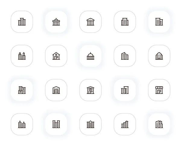 Building and construction line icons set. Skyscraper, apartment, house, bank and other buttons. Vector outline pictograms for web and ui, ux mobile app design. Editable Stroke. 24x24 Pixel Perfect. — Vetor de Stock