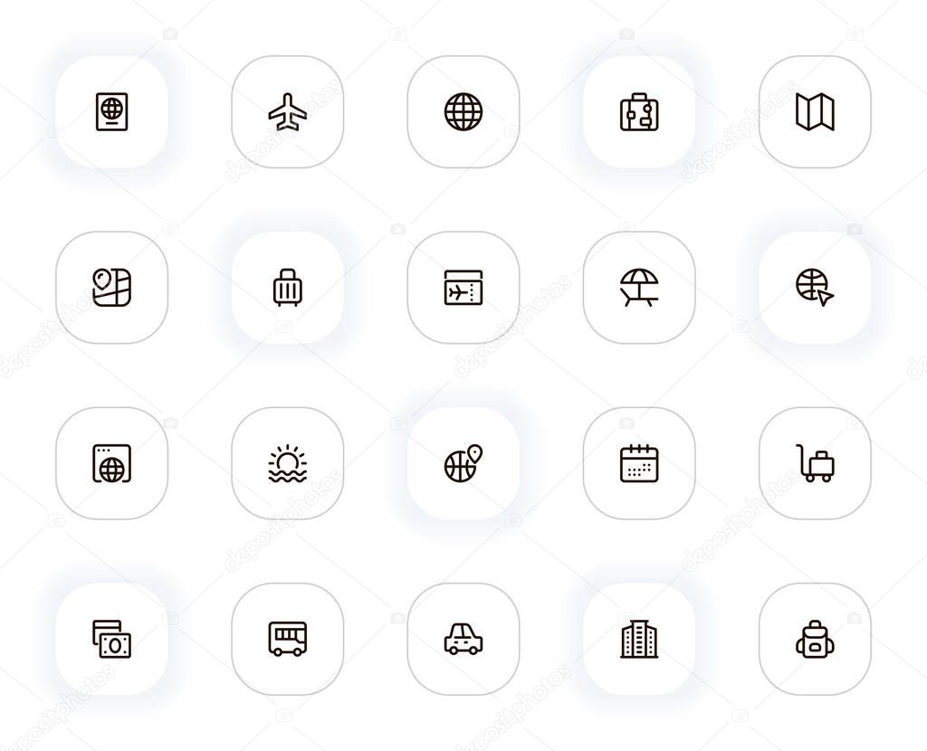 Travel line icons set. Passport, airplane, globe, suitcase, map, ticket, hotel and other buttons. Vector outline pictograms for web and ui, ux mobile app design. Editable Stroke. 24x24 Pixel Perfect.