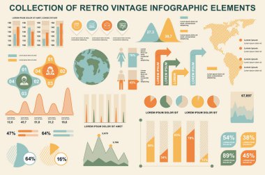 Klasik bilgi elemanlarını paketle. Veri görselleştirme vektör tasarım şablonu. Adımlar, iş süreçleri, iş akışı, diyagram, akış şeması, zaman çizelgesi, pazarlama simgeleri, retro bilgi grafikleri için kullanılabilir.