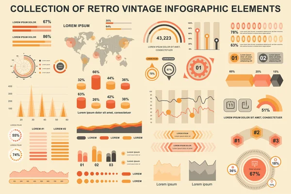 Klasik bilgi elemanlarını paketle. Veri görselleştirme vektör tasarım şablonu. Adımlar, iş süreçleri, iş akışı, diyagram, akış şeması, zaman çizelgesi, pazarlama simgeleri, retro bilgi grafikleri için kullanılabilir.