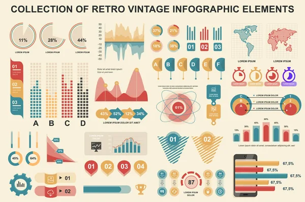 Bundle vintage infographic elements data visualization vector design template. Can be used for steps, business processes, workflow, diagram, flowchart, timeline, marketing icons, retro infographics. — Vector de stock