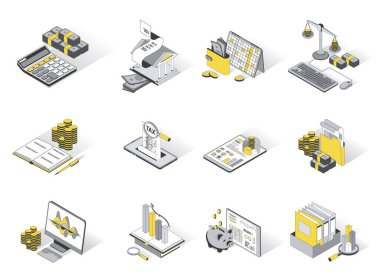 Muhasebe konsepti 3d izometrik simgeler ayarlandı. Para dengesi, bankacılık, vergi ödemesi, mali analiz, denetim ve diğer şeylerin hesaplanmasının unsurlarını paketle. Modern izometri tasarımında vektör illüstrasyonu