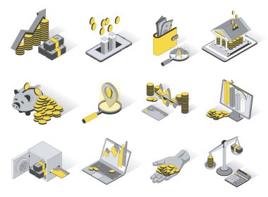 Finance concept 3d isometric icons set. Pack elements of financial analysis, money, profit, earning, wallet, accounting, savings, piggy bank and other. Vector illustration in modern isometry design