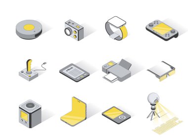 Teknoloji cihazları servis konsepti 3d izometrik simgeler ayarlandı. Robot elektrik süpürgesi, kamera, saat, oyun platformu, joystick, e-kitap ve diğer şeyleri paketleyin. Modern izometri tasarımında vektör illüstrasyonu