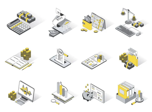 Muhasebe konsepti 3d izometrik simgeler ayarlandı. Para dengesi, bankacılık, vergi ödemesi, mali analiz, denetim ve diğer şeylerin hesaplanmasının unsurlarını paketle. Modern izometri tasarımında vektör illüstrasyonu — Stok Vektör