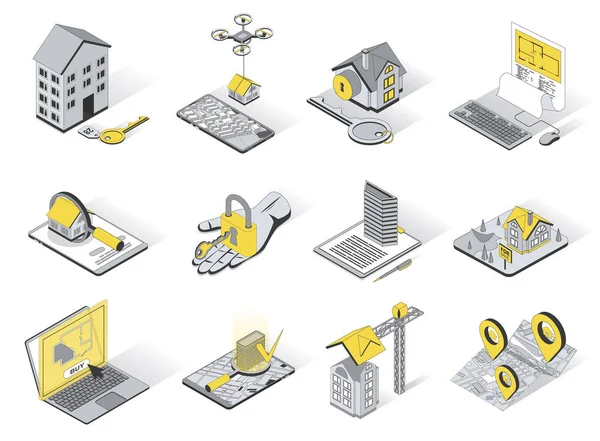 Fastighetskoncept 3d isometriska ikoner som. Pack element av hus, nyckel, hyra, sälja, köpa, ritning, sökning, byggnad, lägenhet, egendom och andra. Vektorillustration i modern isometridesign — Stock vektor