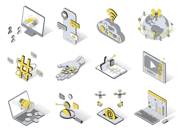 Social-Media-Service-Konzept 3D isometrische Symbole gesetzt. Packen Sie Elemente von Inhalten, Emojis, wie, Hashtag, Ziel, Video, Post, Megafon, Marketing und andere. Vektor-Illustration im modernen Isometrie-Design — Stockvektor