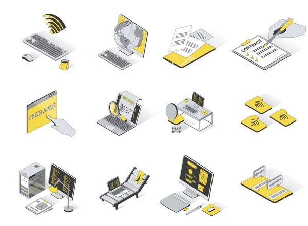 Freelance concept 3d isometric icons set. Pack elements of wifi, online, global internet, computer, document, contract, work, search, workplace and other. Vector illustration in modern isometry design — Wektor stockowy