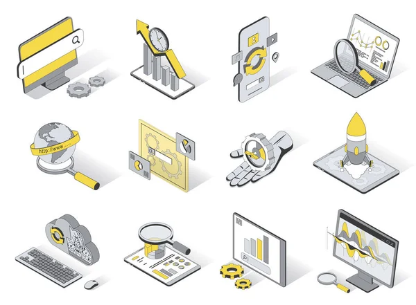 Seo optimization service concept 3d isometric icons set. Pack elements of search engine, growth traffic, analysis, settings, cloud computing and other. Vector illustration in modern isometry design — Vetor de Stock