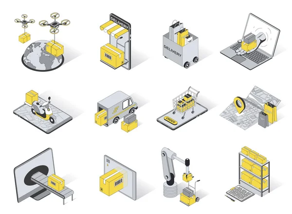 Delivery concept 3d isometric icons set. Pack elements of flying drone, global shipping, online shopping, tracking app, upload, warehouse and other. Vector illustration in modern isometry design — Image vectorielle