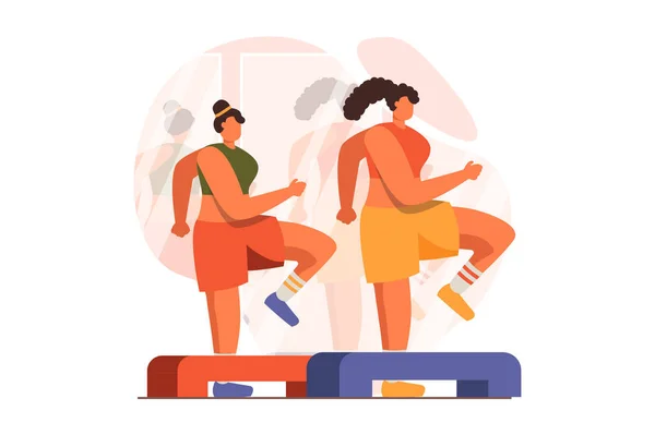 Fitness web concept in flat design. Women in sportswear do step aerobics and do cardio exercises with stepper platforms. Sportswomen training on equipment in gym. Vector illustration with people scene — Vetor de Stock