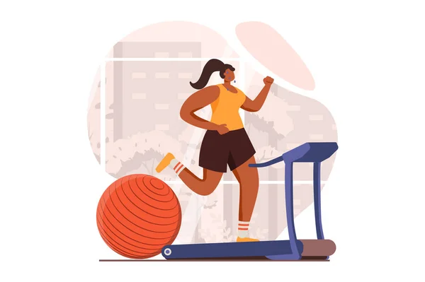 Fitness web concept in flat design. Woman in sports uniform does cardio workout and runs on treadmill in sports club. Sportswoman training and exercising in gym. Vector illustration with people scene — ストックベクタ