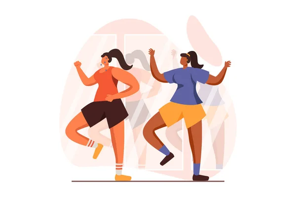 Fitness web concept in flat design. Woman in sports uniform does cardio workout and follows personal trainer instructions. Instructor trains sportswoman in gym. Vector illustration with people scene — Vettoriale Stock