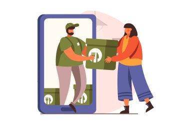 Food delivery web concept in flat design. Woman uses mobile app for ordering meal, online paying and receives of food from restaurant. Courier delivers bag. Vector illustration with people scene