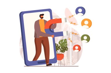 Düz tasarımda pazarlama web konsepti. Adam elinde kocaman bir mıknatıs tutuyor, reklam yapıyor ve sosyal medyadan müşterileri çekiyor. Terfi yönetimi hizmetleri. İnsan sahnesi ile vektör illüstrasyonu