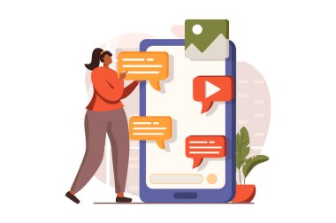 Düz tasarımda pazarlama web konsepti. Kadın sohbet ediyor ve tanıtım e-postaları gönderiyor, sosyal medyada reklam kamppası yapıyor, kurye kullanıyor ve müşteri çekiyor. İnsan sahnesi ile vektör illüstrasyonu