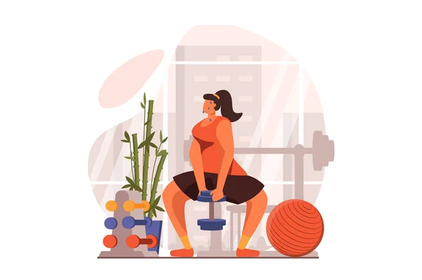 Fitness web concept in flat design. Woman does strength exercises with dumbbell in gym and other equipment. athlete is engaged in bodybuilding and weightlifting. Vector illustration with people scene — Vetor de Stock