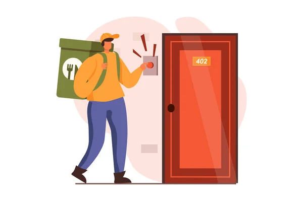 Food delivery web concept in flat design. Courier delivers bag of groceries from store and stands at customers door. Fast shipping of order from restaurant. Vector illustration with people scene — Stockvektor