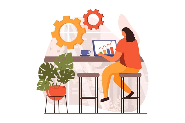 Freelance working web concept in flat design. Woman sitting at table, making marketing research or financial report. Remote worker doing tasks online at home. Vector illustration with people scene — Wektor stockowy