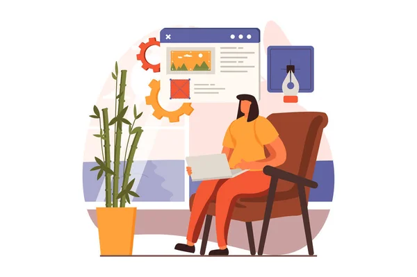 Freelance working web concept in flat design. Designer drawing graphic elements, creates content and doing pages optimization. Remote worker at home office. Vector illustration with people scene — Stok Vektör