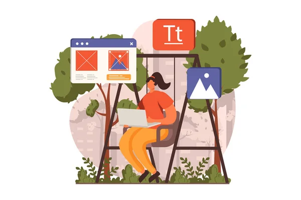 Freelance working web concept in flat design. Woman designer drawing graphic elements, creates content, doing pages optimization while sitting at swing in park. Vector illustration with people scene — Stockový vektor