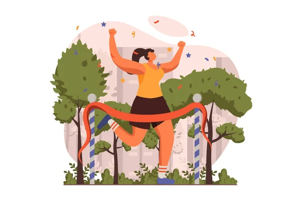 Happy competition champions web concept in flat design. Woman wins marathon and breaks red ribbon at finish line. Celebration of victory and achievement of goals. Vector illustration with people scene — Image vectorielle