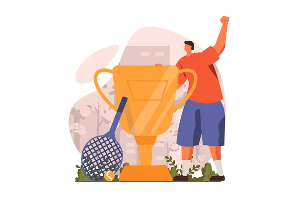 Concurso feliz campeão web conceito em design plano. O homem joga tênis profissionalmente e participa da competição e ganha o troféu de ouro. Celebração da vitória. Ilustração vetorial com cena de pessoas —  Vetores de Stock