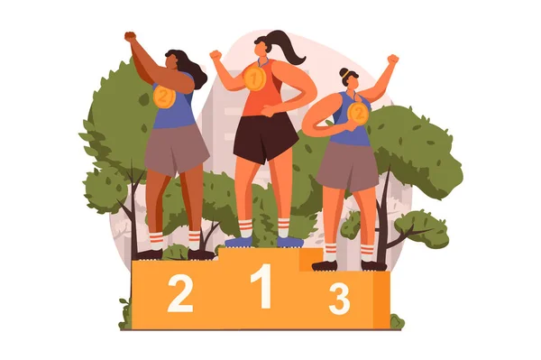 Happy competition champions web concept in flat design. Sportswomen stand on pedestal and receive golden medals. Victory celebration and goals achievement. Vector illustration with people scene — ストックベクタ