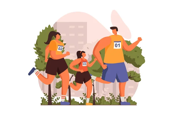 Healthy families web concept in flat design. Happy father, mother and daughter in sportswear running at marathon. Parents and child training together outdoors. Vector illustration with people scene — Image vectorielle