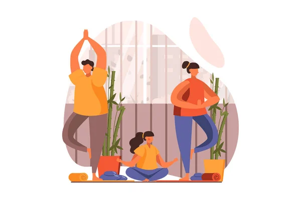 Healthy families web concept in flat design. Happy father, mother and daughter doing yoga asanas and meditation. Parents and child training together at home. Vector illustration with people scene — Vetor de Stock