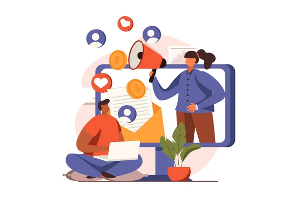 Marketing web concept in flat design. Woman holding megaphone, making advertising and attracting clients. Man using social media and sees promo content in emails. Vector illustration with people scene — Διανυσματικό Αρχείο