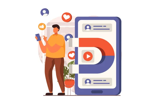 Marketing web concept in flat design. Man blogger making advertising content, sending promo emails, using viral videos and attracting audience with magnet. Vector illustration with people scene — 스톡 벡터