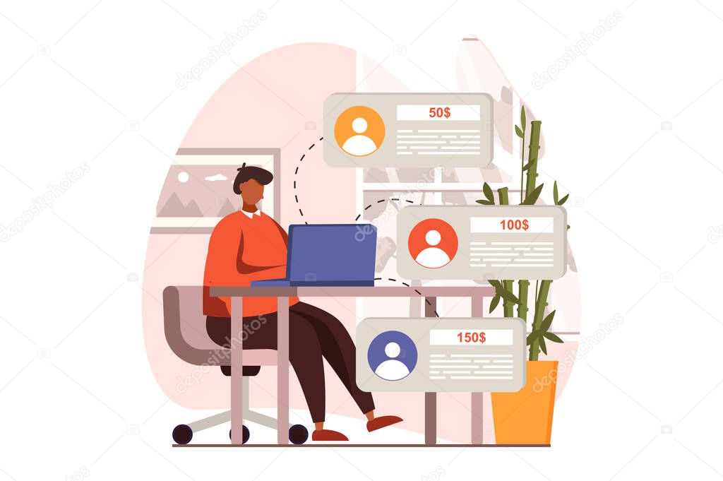 Freelance working web concept in flat design. Man choosing task with best price at website with job for freelancers. Remote worker doing tasks online at home. Vector illustration with people scene