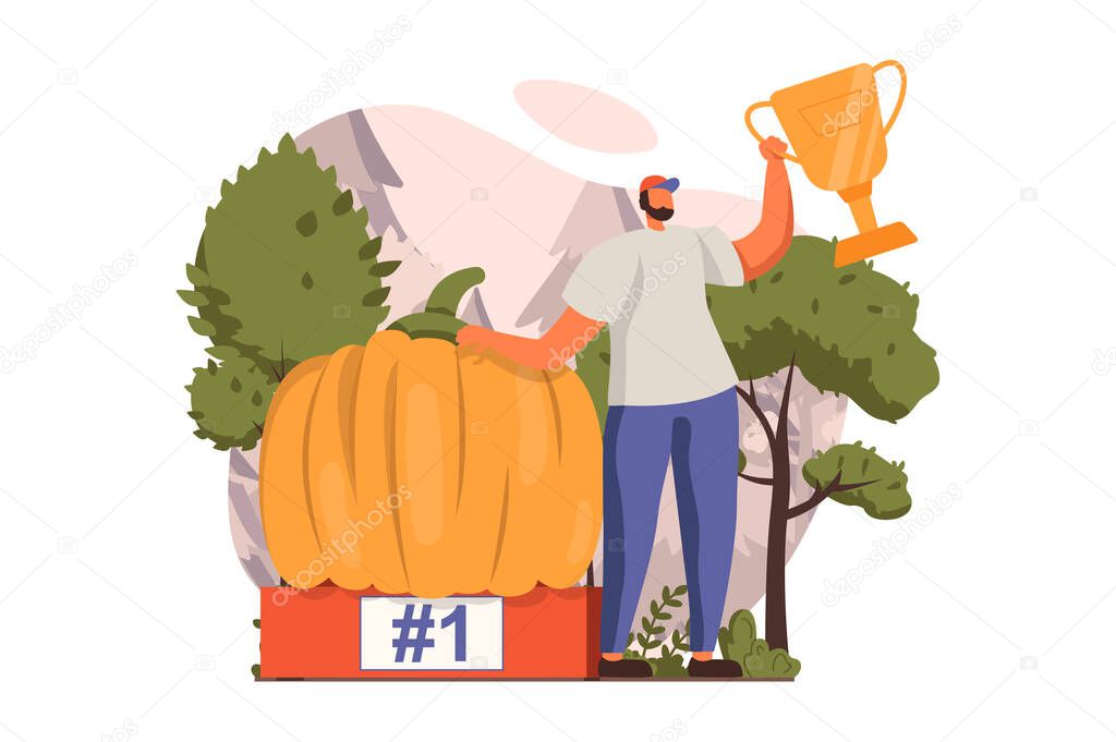 Happy competition champions web concept in flat design. Farmer standing near huge pumpking and winning first place. Victory celebration and goals achivement. Vector illustration with people scene