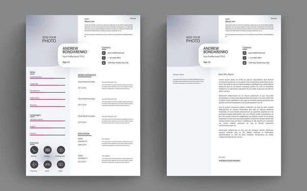 Professional clean modern resume cv and cover letter business layout vector template. Minimalist resume cv elegant stylish design template. Multipurpose resume and letterhead design. — Vector de stock
