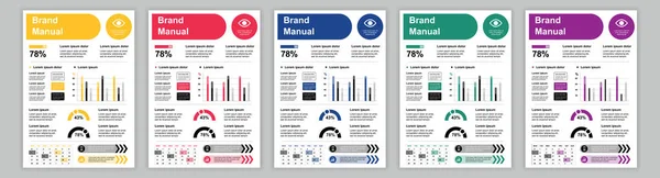 Zestaw szablonów instrukcji obsługi marki DIN A3. Broszura o tożsamości firmy z infografiką o różnych wynikach sprzedaży. Reklama, awans. Projekt układu wektorowego plakatu, okładki, broszury — Wektor stockowy