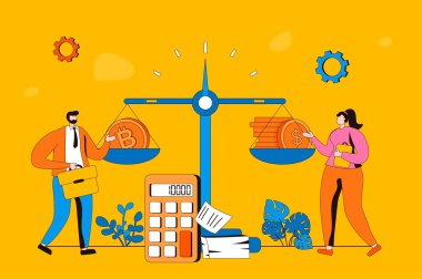 Daire 2 boyutlu tasarımla şifreli para değişimi web konsepti. Kadın ve erkek sanal platformda şifreli ticaret yapıyorlar. Engelleme teknolojisi, bitcoin madenciliği. İnsan sahnesi ile vektör illüstrasyonu