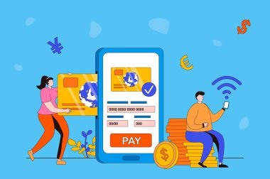 E-ödeme süreci web sitesi konsepti düz 2D tasarım. Kadın ve erkek, akıllı telefon uygulaması kullanarak satın alma ve hizmetleri kredi kartıyla ödüyor. İnternetten ödeme. İnsan sahnesi ile vektör illüstrasyonu