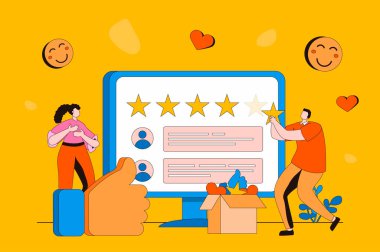 Düz 2D dizaynlı geri besleme sayfası web konsepti. Müşteriler deneyimli, reytingli ve eleştirili yorumlar bırakırlar. Müşteri memnuniyeti ve hizmet kalitesi değerlendirmesi. İnsan sahnesi ile vektör illüstrasyonu