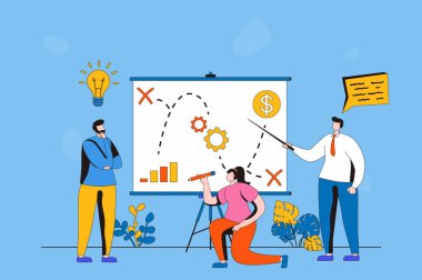 Strategic planning web concept in flat 2d design. Men and woman create plan, discuss and generate ideas, analyze statistics, create strategy for business. Vector illustration with people scene