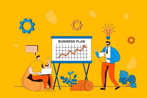 Business making concetto web nel design piatto 2d. Uomini brainstorming, generare idee, creare piano di successo e strategia di promozione, avviare l'avvio e investire denaro. Illustrazione vettoriale con scena di persone — Vettoriale Stock