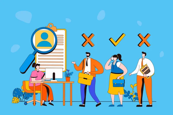 Employee hiring process web concept in flat 2d design. Candidates for open vacancy are interviewed by manager. Human resources and staff recruitment in company. Vector illustration with people scene — Image vectorielle