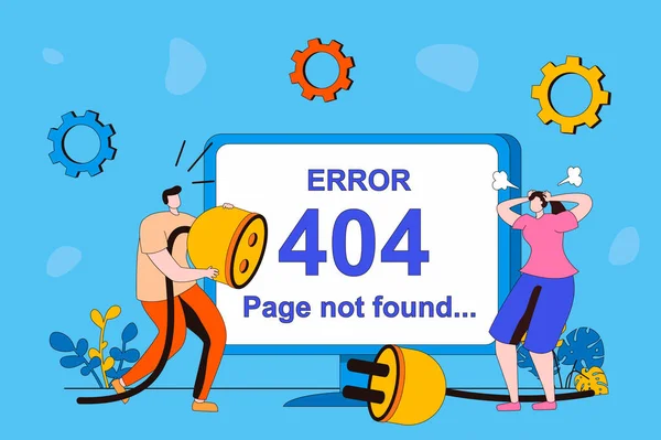 Page not found web concept in flat 2d design. Woman and man having problems with Internet connection and 404 error on website, technical support maintains site. Vector illustration with people scene — ストックベクタ