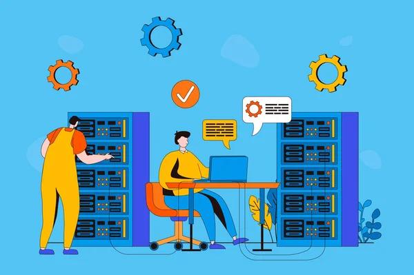 Server maintenance web concept in flat 2d design. Engineers team work in server room, optimize and monitor operation of data center, making technician support. Vector illustration with people scene — Stok Vektör