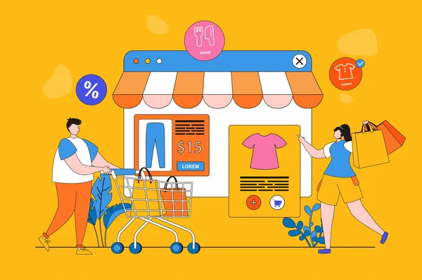 Shopping web concept σε επίπεδη 2d σχεδιασμό. Άντρας και γυναίκα ψωνίζουν στο κατάστημα. Αγοραστές που πραγματοποιούν αγορές μέσω διαδικτύου. Οι αγοραστές επιλέγουν αγαθά, πληρώνουν και χρησιμοποιούν την παράδοση. Εικονογράφηση διάνυσμα με ανθρώπους σκηνή — Διανυσματικό Αρχείο