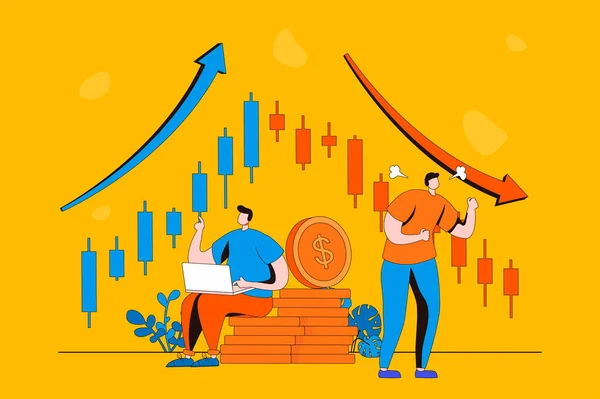 Stock market web concept in flat 2d design. Men analyze market trends, traders buy and sell shares of companies, invest money and increase or lose income. Vector illustration with people scene — Stok Vektör